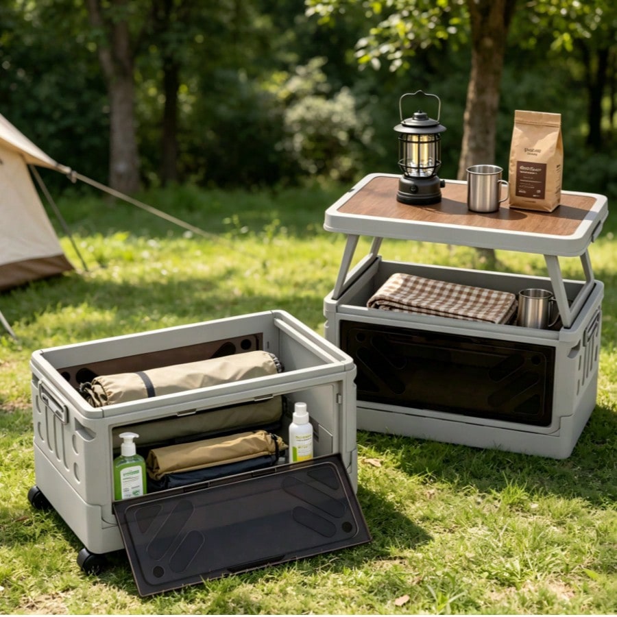Outdoor Camping Table With Storage - Multifunktionale Outdoor-Camping-Aufbewahrungsbox mit Klappdeckel-Tisch, robuste, stapelbare